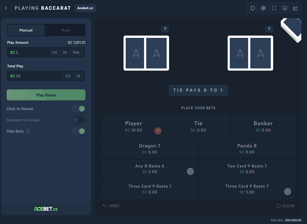 Nebenwetten und Aufdeckoptionen bei Acebet Baccarat