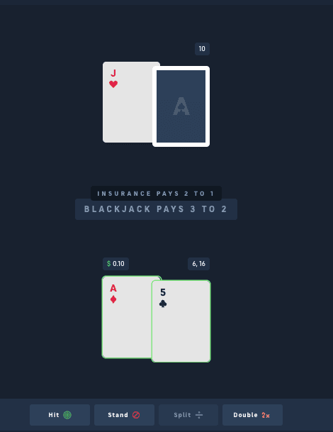 Ausgeteilte Blackjack-Hand mit Spielaktionen