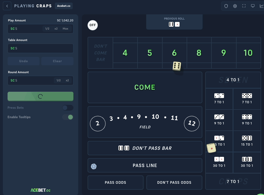 Come-out-Roll bei Acebet Craps