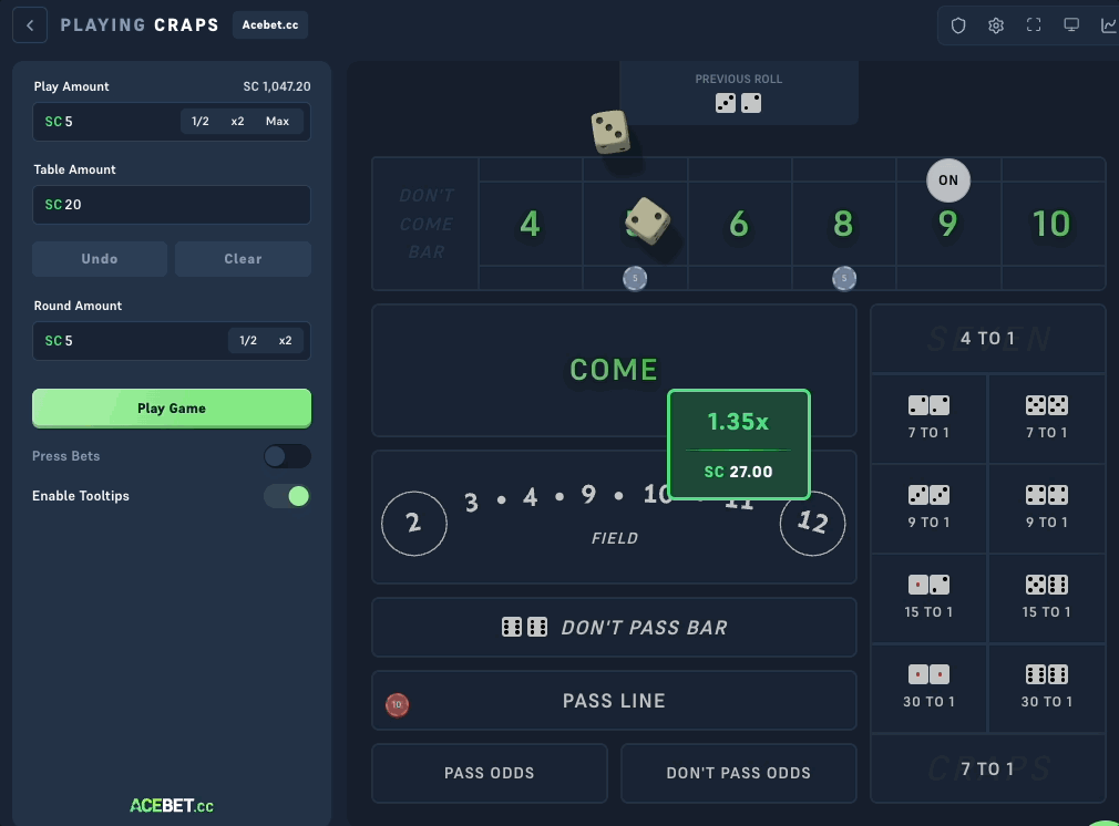 Rundenende nach Point oder Seven-out bei Acebet Craps