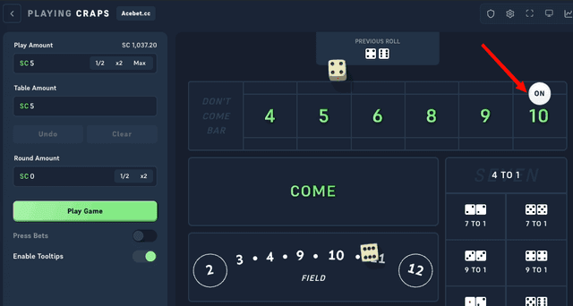 Gesetzter Point auf dem Acebet-Craps-Tisch