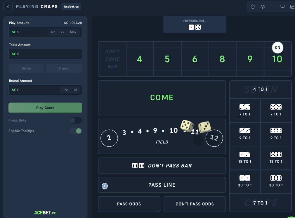 Gewonnene Place Bets bei Acebet Craps