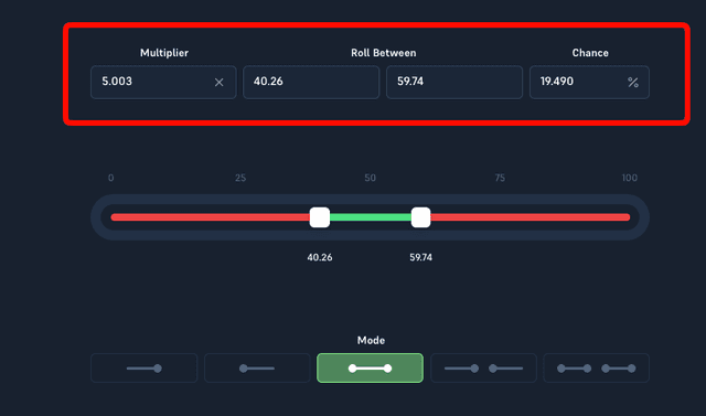 Acebet Dice mit Multiplikator, Roll-Under-Ziel und Gewinnchance