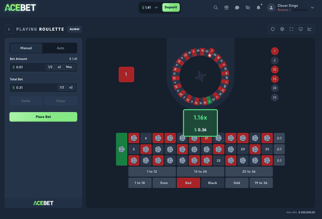Acebet Roulette nach einem Dreh mit Ergebnis und letzten Zahlen