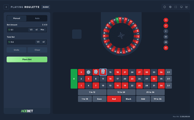 Manueller Einsatzbereich von Acebet Roulette mit SC-Betrag und Schnellwahltasten