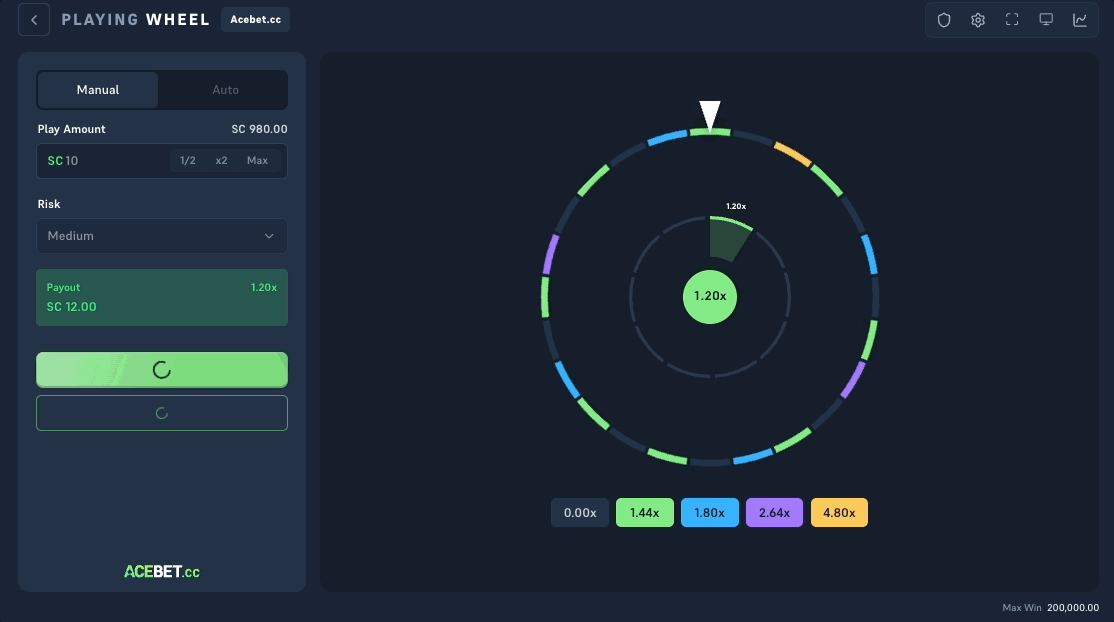 Acebet Wheel landet auf einem grauen 0,00x-Feld